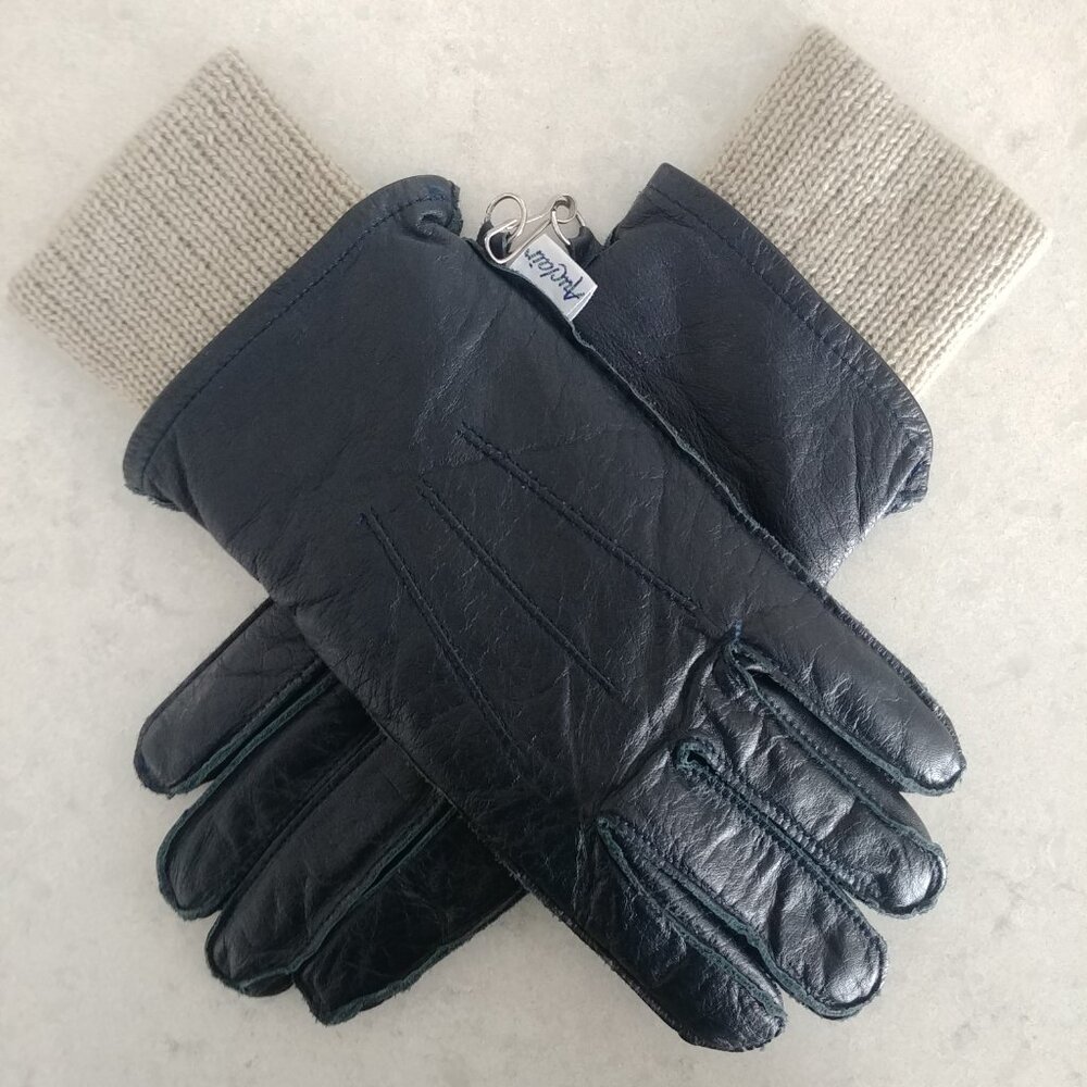 Vintage Mens genuine leather dark blue navy gloves Medium removable liner